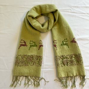 Shirin Sehan Cashmere Silk Scarf with Woven Stags Flower Detail Light Green